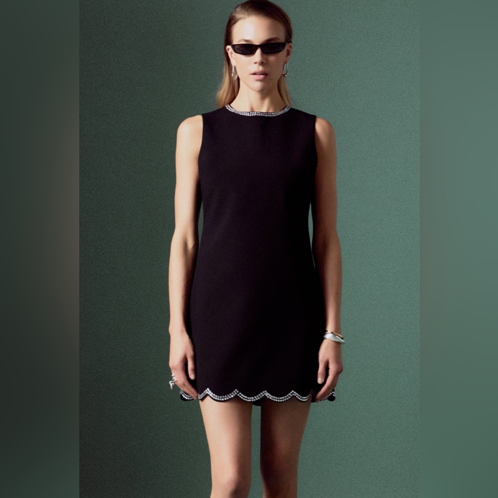 English Factory Elegant Black Dress with Embellished Scallop Hem